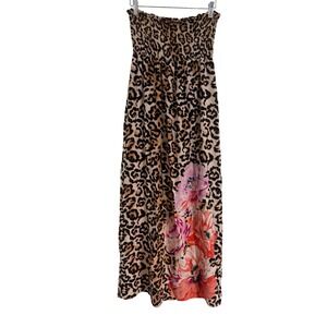 Justify Womens Leopard Floral Strapless Maxi Dress Smocked Tube Top Brown M